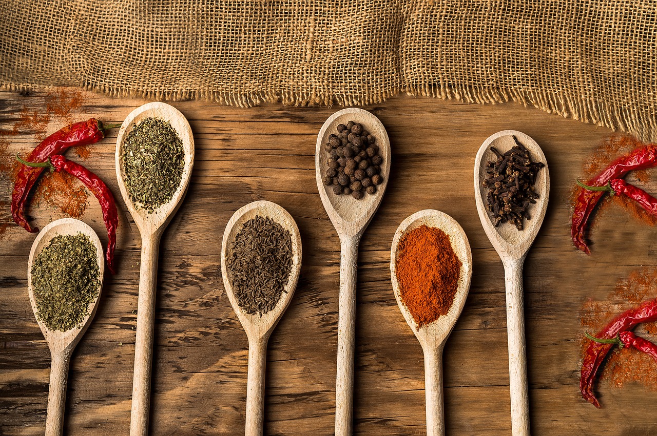 A photograph of wooden spoons and spices